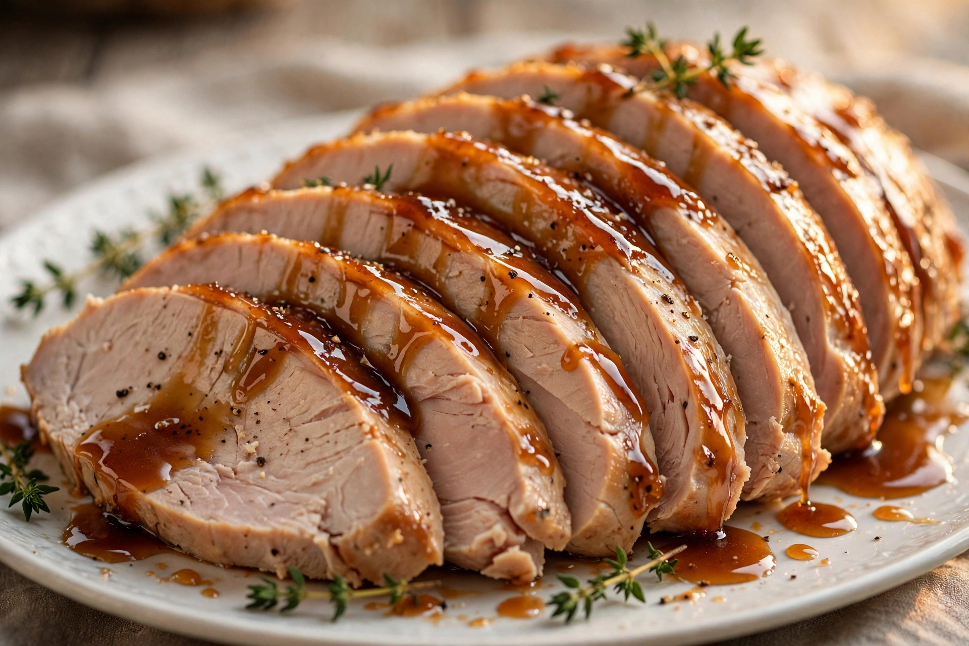 Juicy slices of maple glazed roast turkey breast drizzled with warm maple glaze on a platter