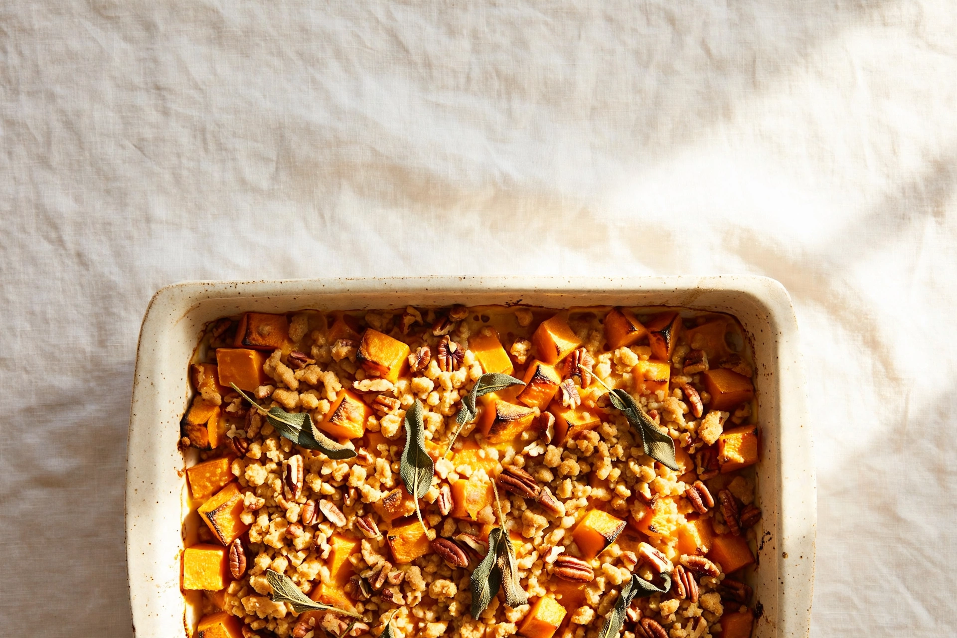 Butternut squash casserole with brown butter sage and a crisp pecan crumb in a white baking dish