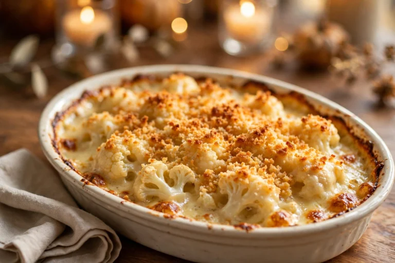 Cauliflower gratin in a ceramic baking dish with a golden toasted panko top and creamy cheese sauce