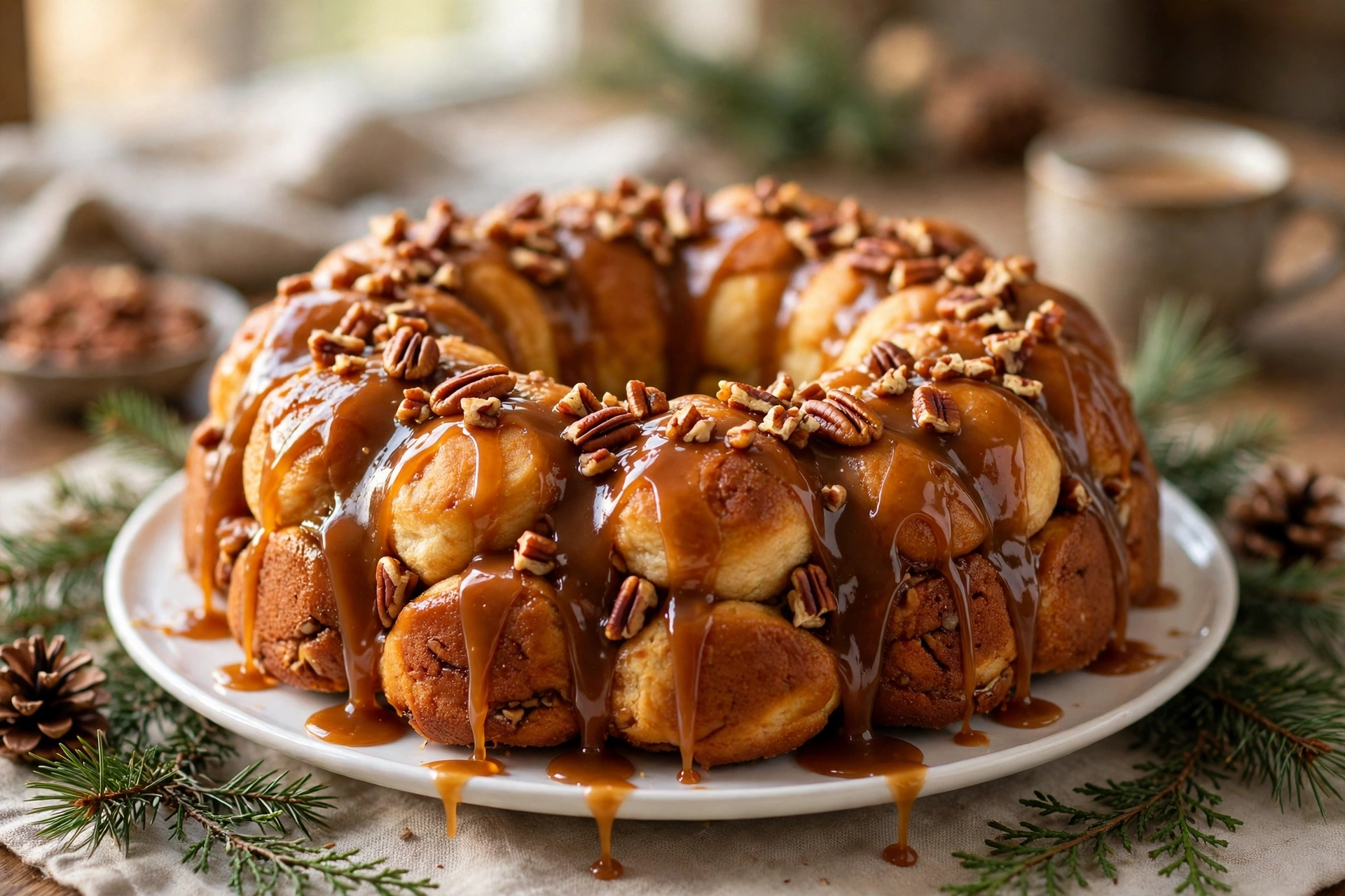 Christmas monkey bread wreath with caramel sauce dripping over pull apart dough balls and toasted pecans