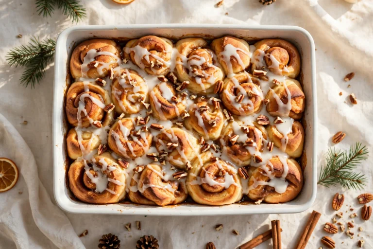 Cinnamon roll casserole baked golden in a white dish with white icing drizzled over the top and chopped pecans