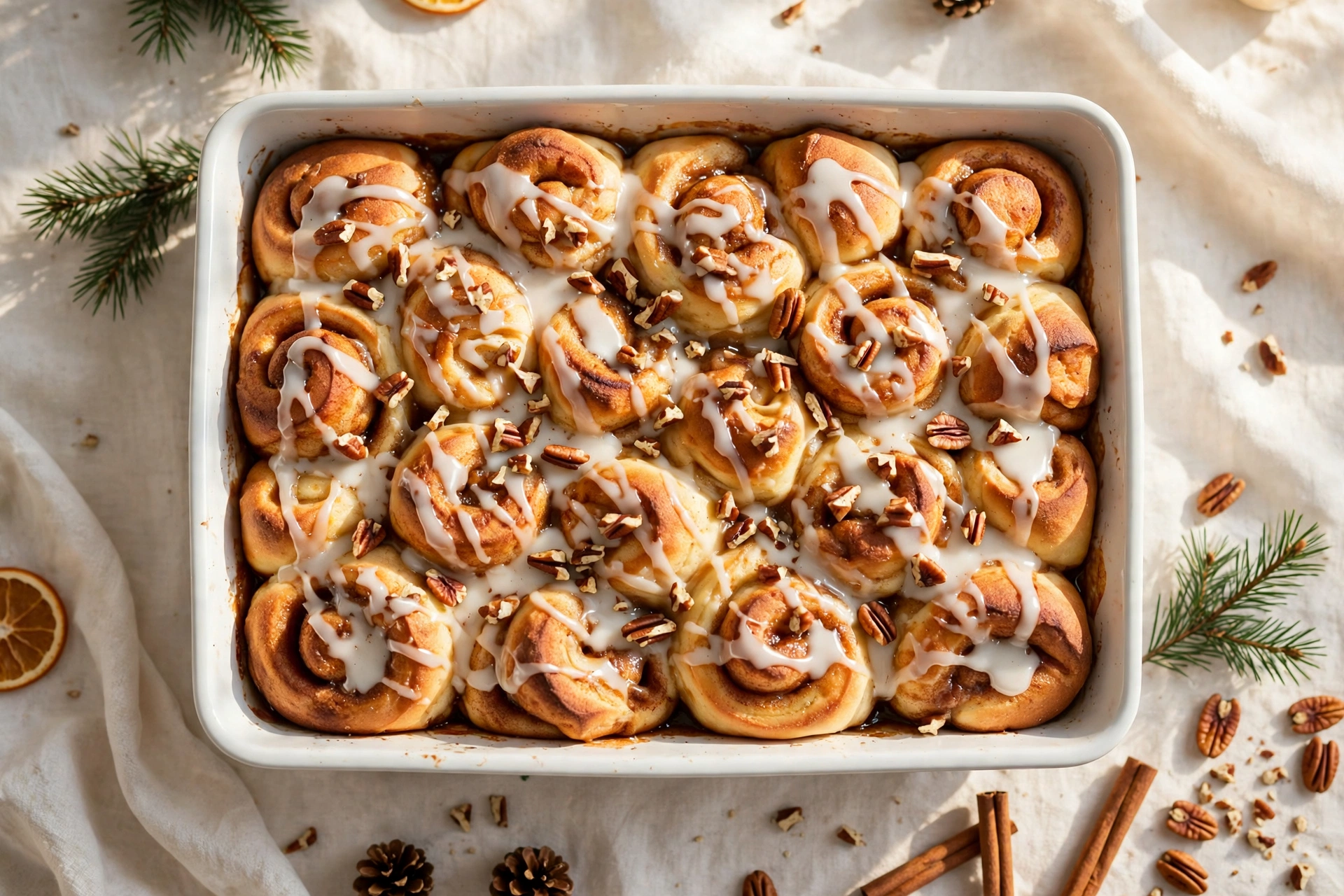 Cinnamon roll casserole baked golden in a white dish with white icing drizzled over the top and chopped pecans