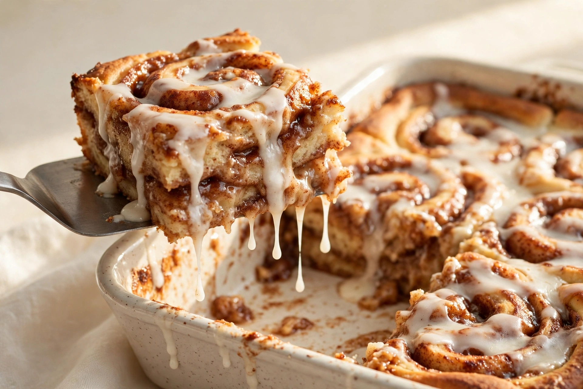 A gooey square of cinnamon roll casserole lifted from the dish on a spatula with icing dripping from the swirls