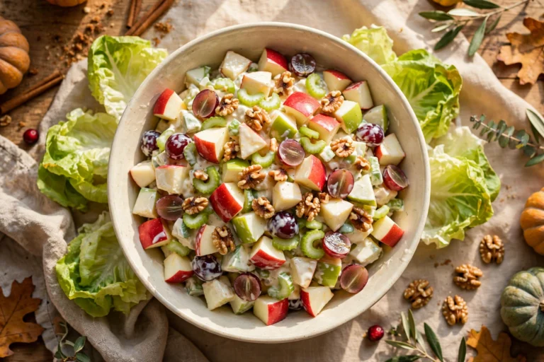 Bowl of classic Waldorf salad with red and green apple pieces, halved grapes, celery and toasted walnuts in a creamy dressing, butter lettuce around the bowl