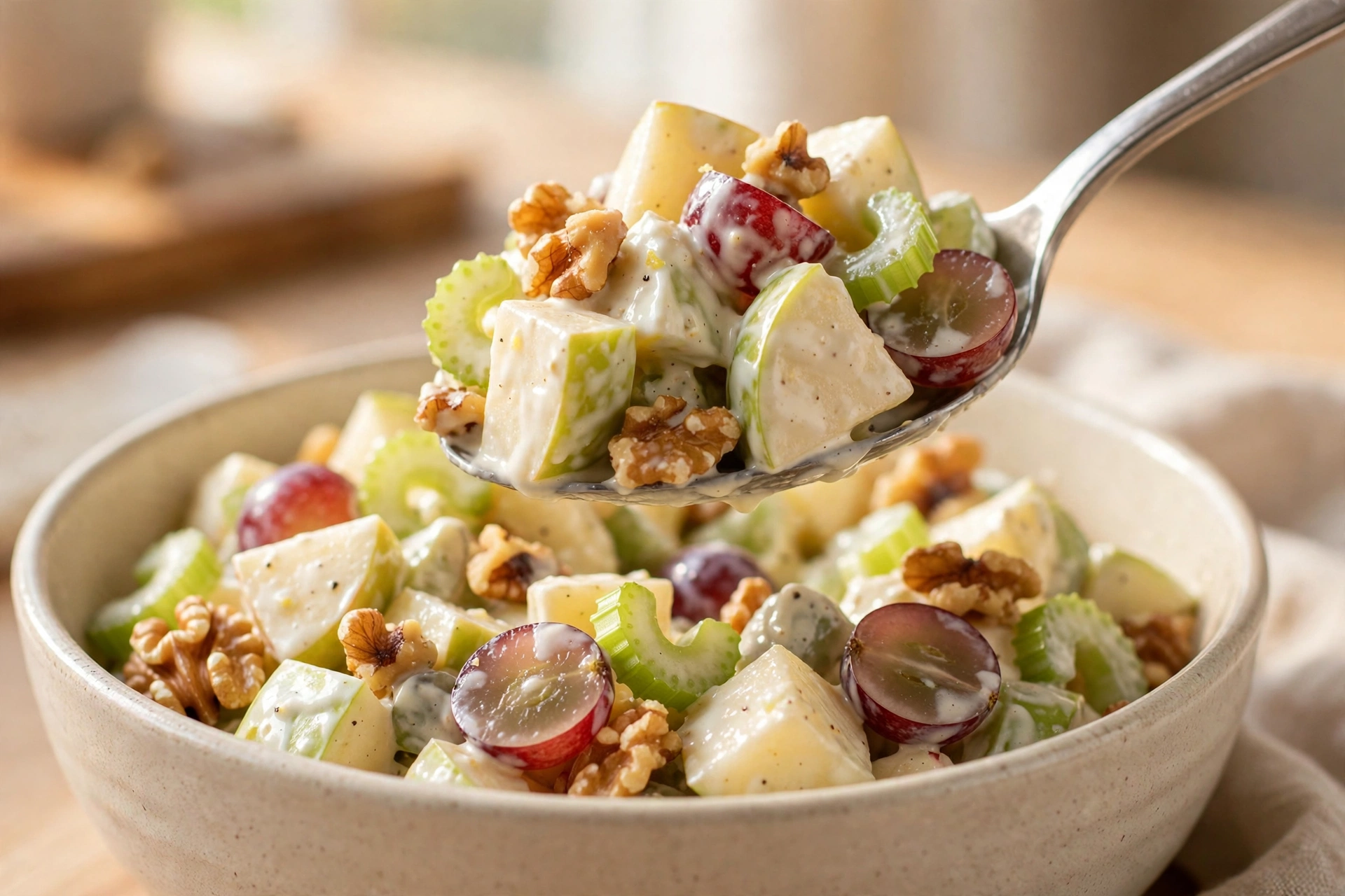 Serving spoon lifting classic Waldorf salad with apple pieces, grape halves, celery and walnuts coated in creamy dressing