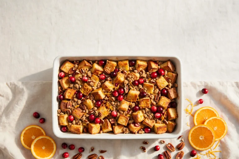 Cranberry orange French toast casserole with brioche cubes, cranberries and pecan streusel in a white baking dish