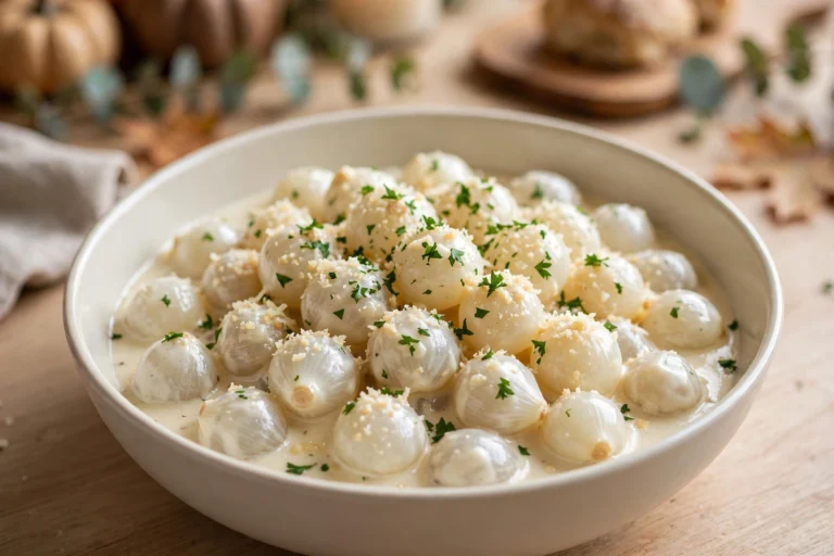 Creamed pearl onions in a silky nutmeg cream sauce, topped with parsley and parmesan in a cream bowl