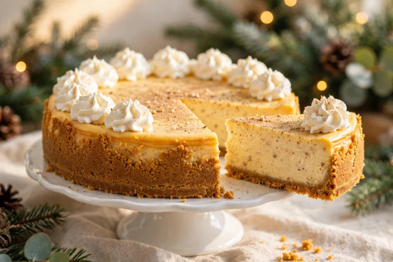 Eggnog cheesecake with a gingersnap graham crust, whipped cream rosettes and fresh nutmeg, one slice pulled out