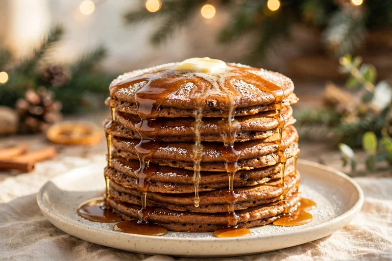 A tall stack of gingerbread pancakes with melting butter and maple syrup on a Christmas brunch table