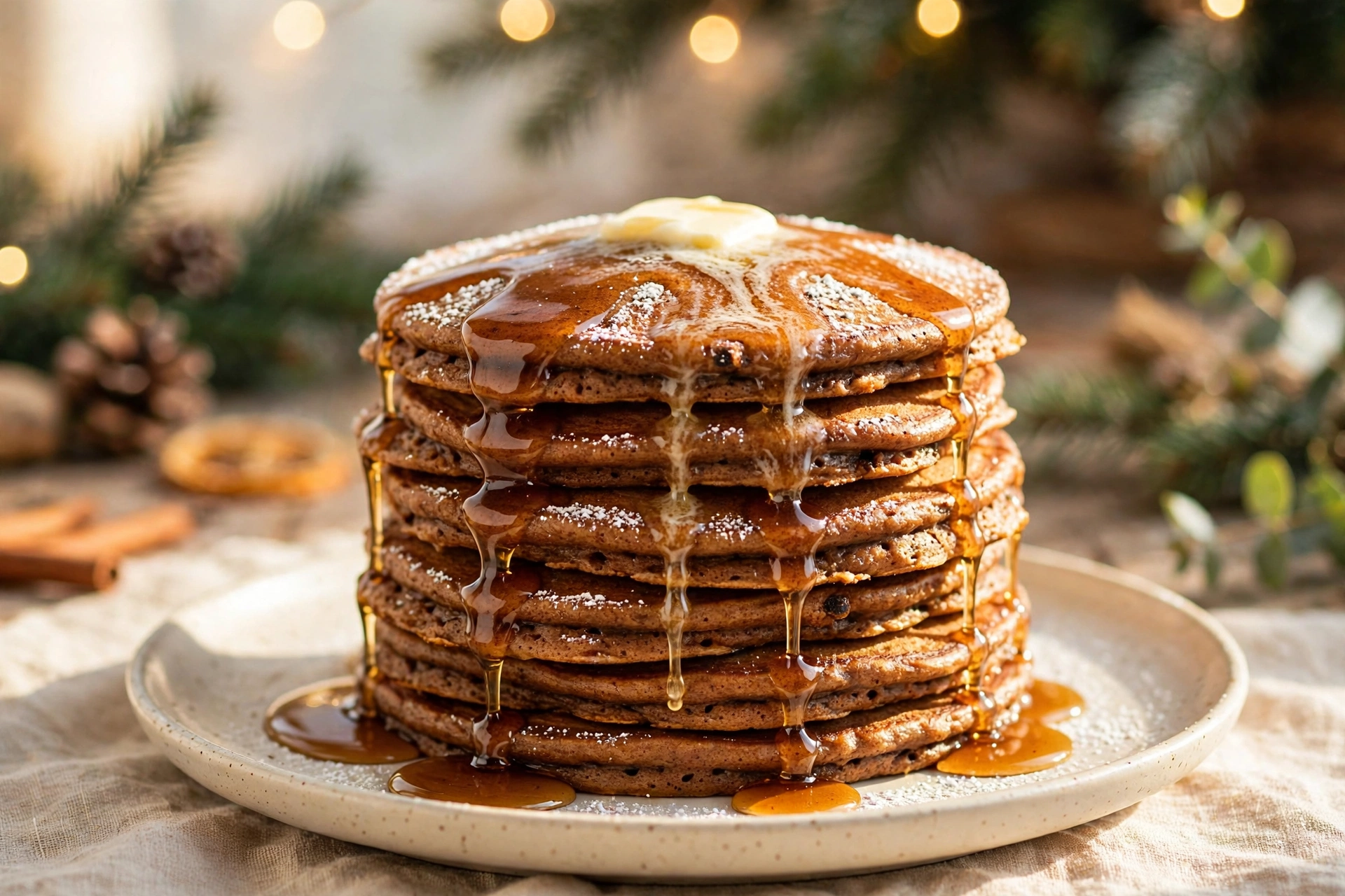 A tall stack of gingerbread pancakes with melting butter and maple syrup on a Christmas brunch table