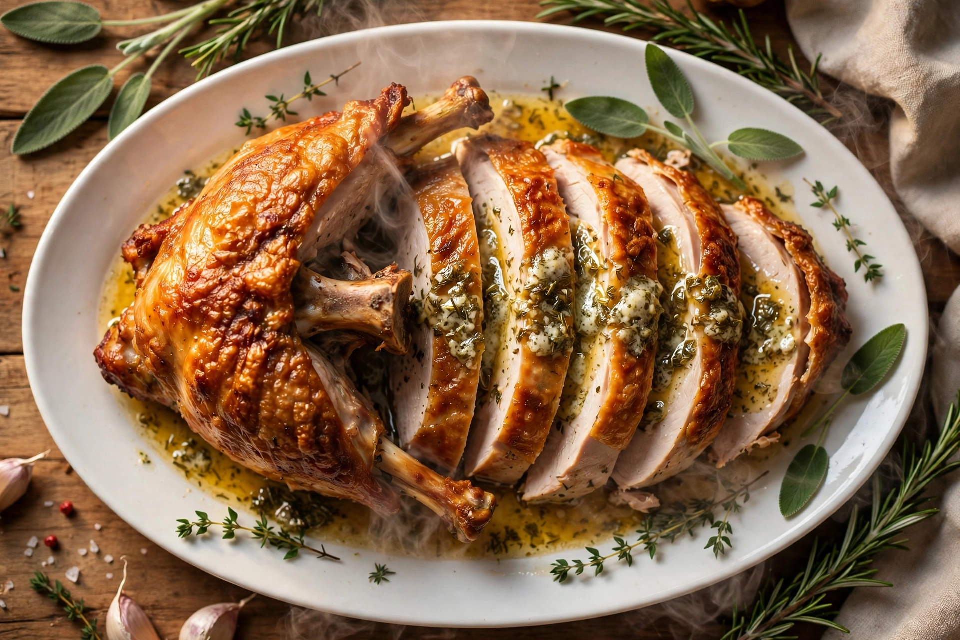 Sliced dry brined turkey breast with crisp golden skin and herb butter on a white platter, the Thanksgiving main of the dry brined turkey breast recipe