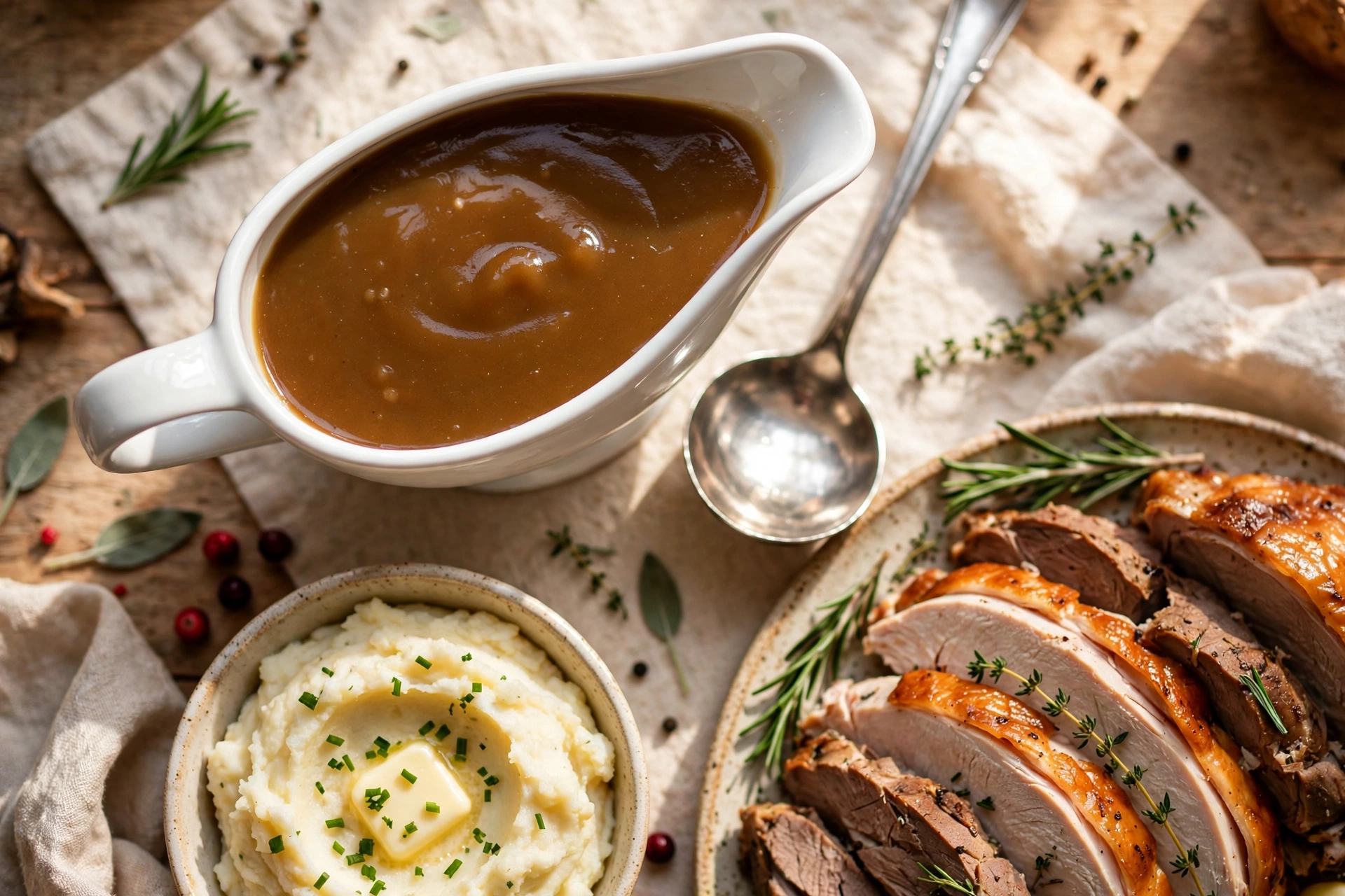 Overhead view of a white gravy boat filled with glossy golden turkey gravy on a Thanksgiving table, a ladle resting beside it and the carved turkey nearby