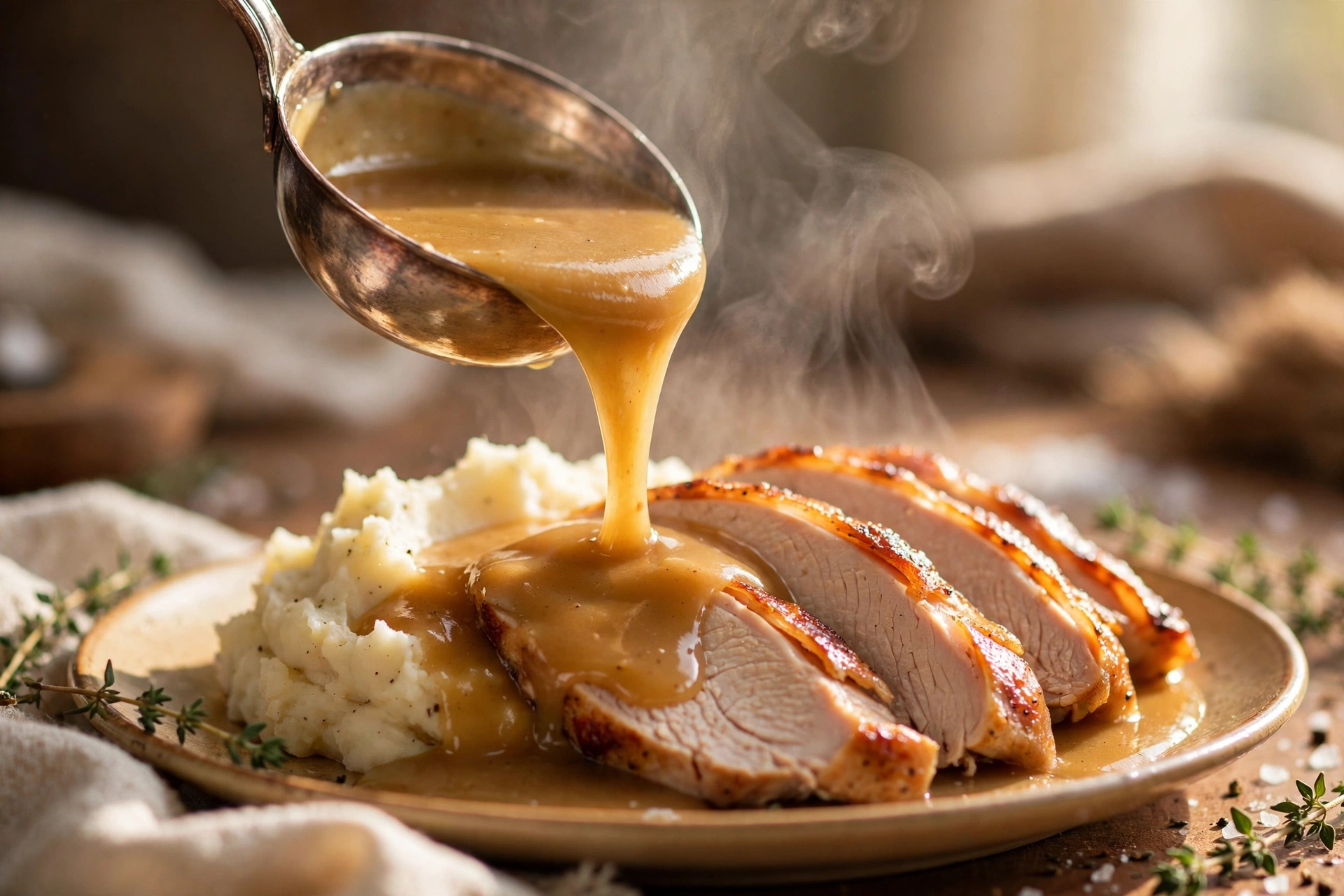Close-up of turkey gravy being poured from a ladle in a slow ribbon over sliced turkey and mashed potatoes, steam rising