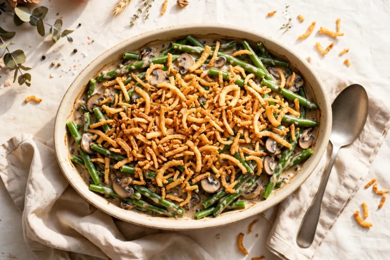 Overhead view of a homemade green bean casserole in a cream oval baking dish, creamy mushroom sauce and a deep golden tangle of crispy onions on top