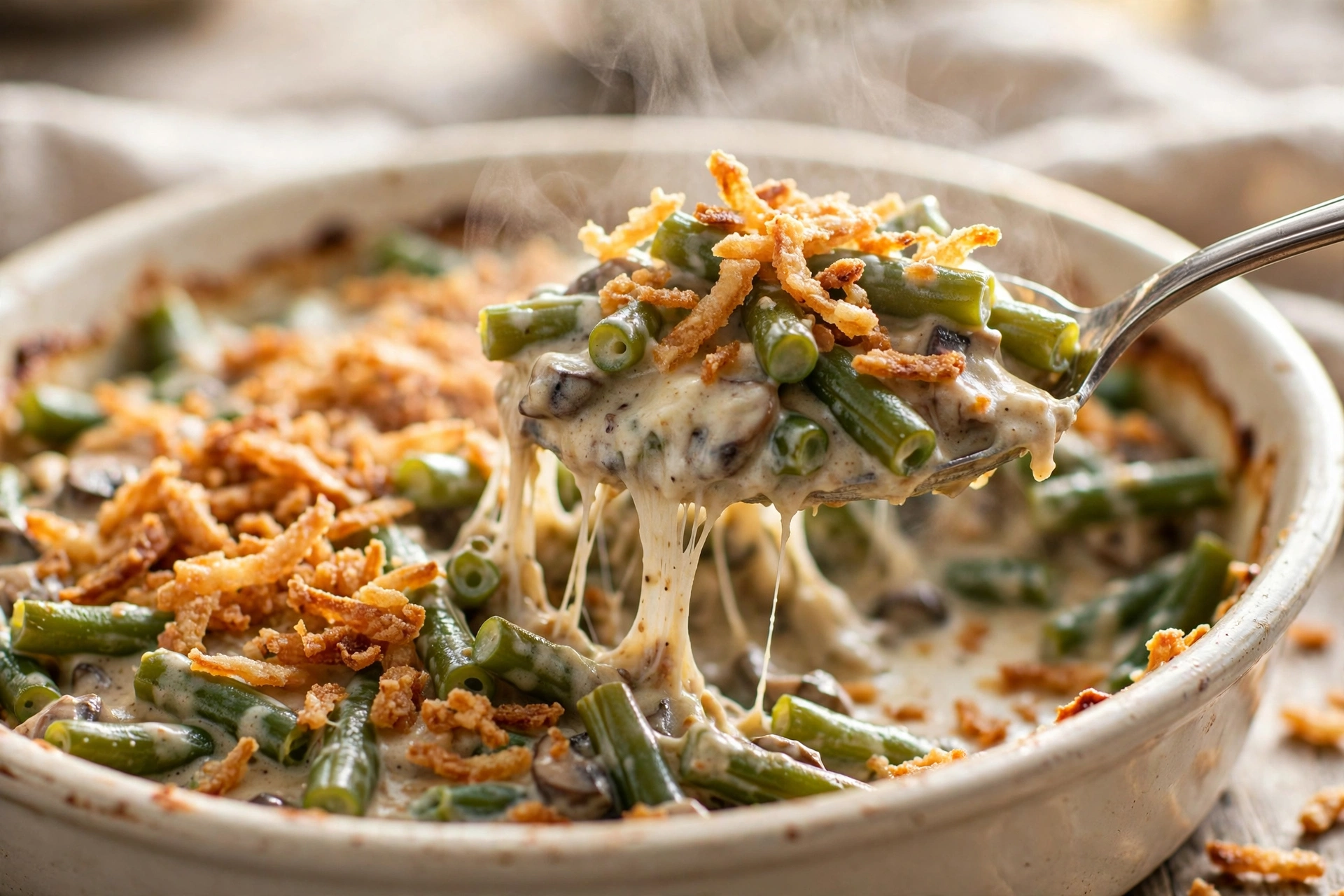 Close-up of a spoon lifting a steaming scoop of homemade green bean casserole, the creamy mushroom sauce stretching back to the dish