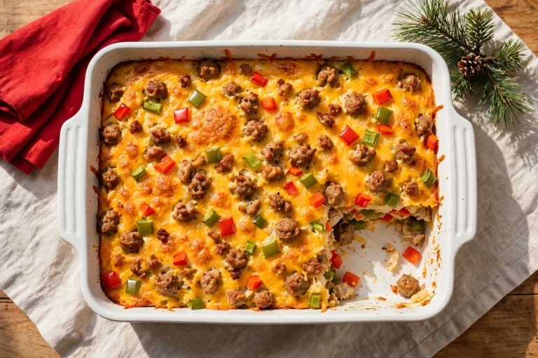 Overhead view of an overnight hash brown breakfast casserole in a white 9x13 dish, golden cheddar top with turkey sausage crumbles and diced red and green peppers, one square cut