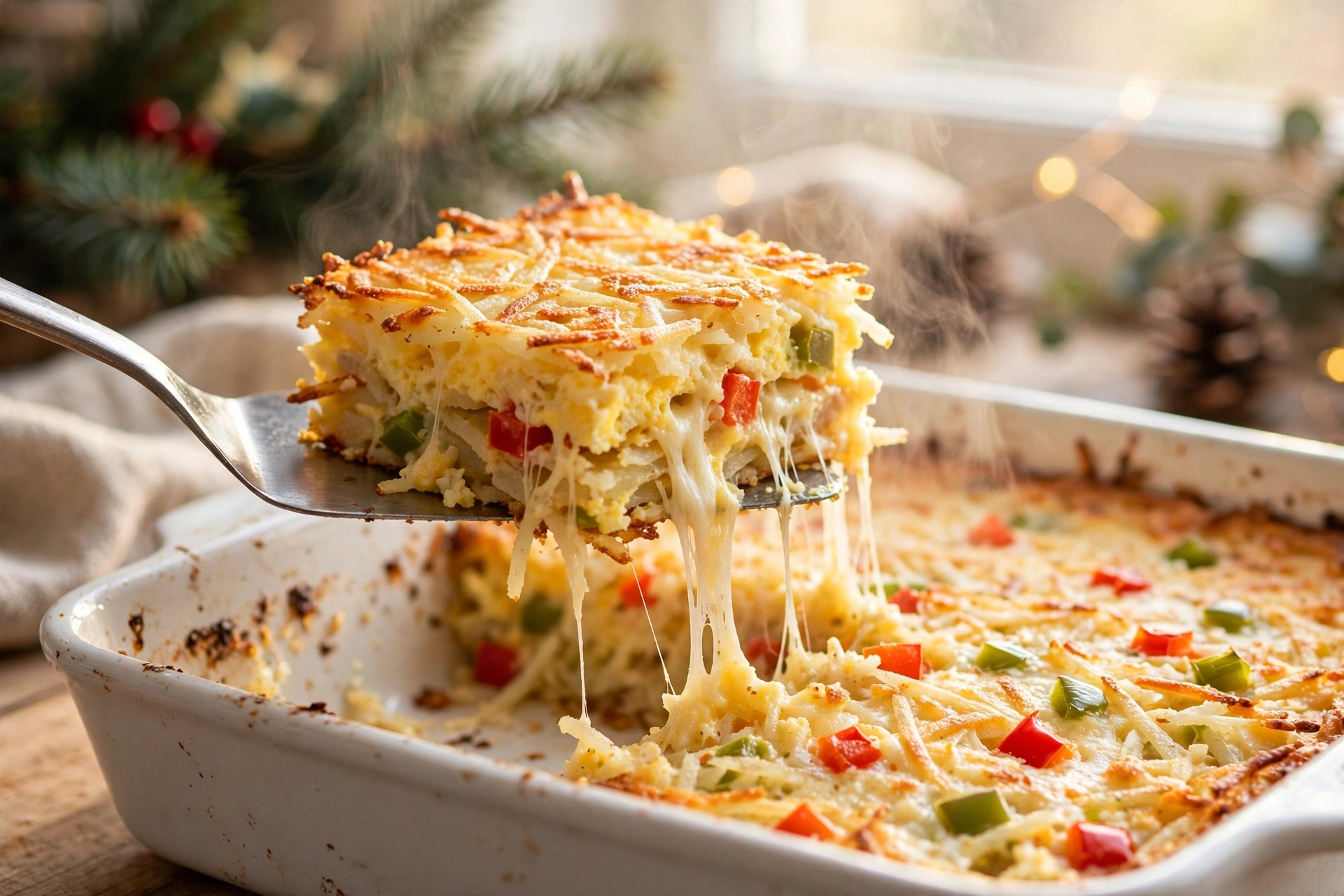 Close-up of a spatula lifting a square of hash brown breakfast casserole with long cheese pulls, layers of potato, egg, peppers and sausage visible
