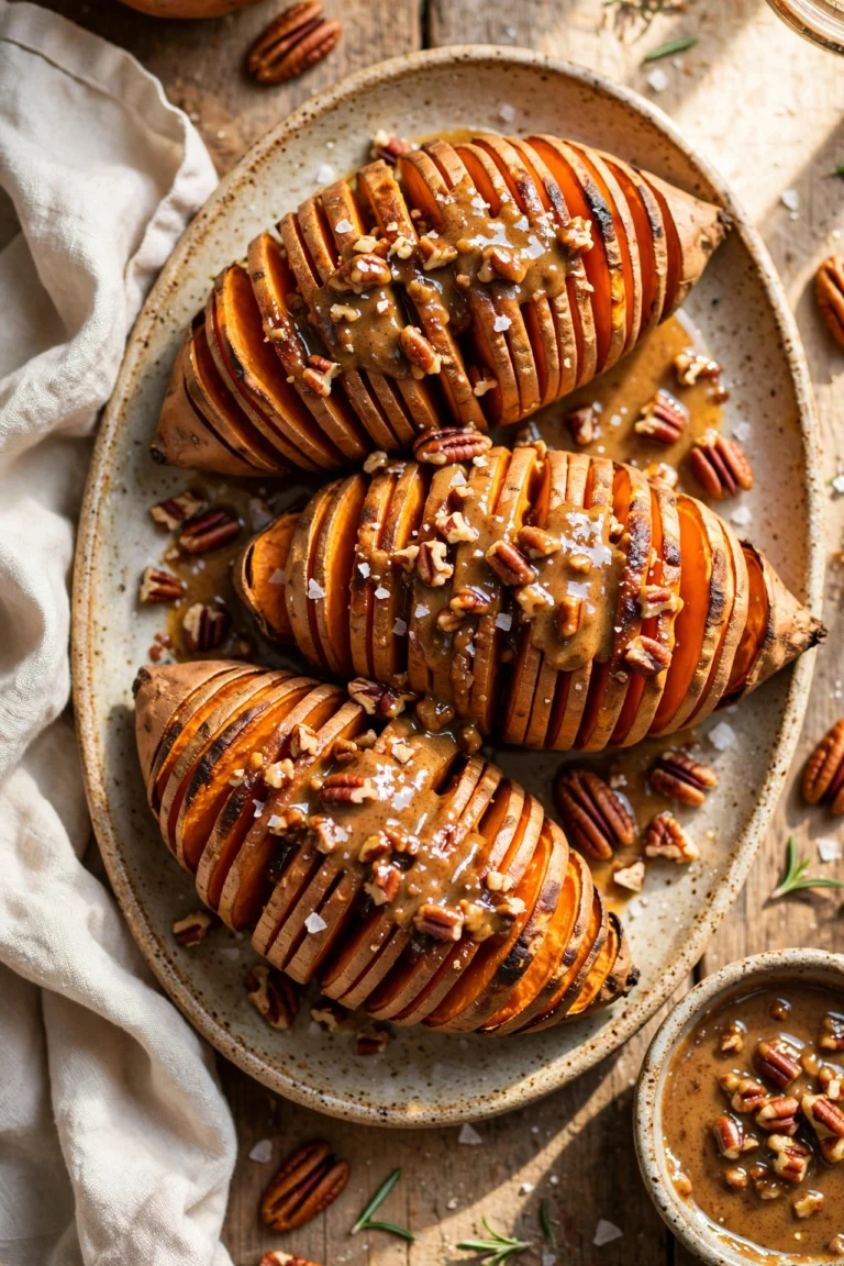 Hasselback sweet potatoes fanned open on a platter with maple pecan butter melted between the slices and chopped pecans on top