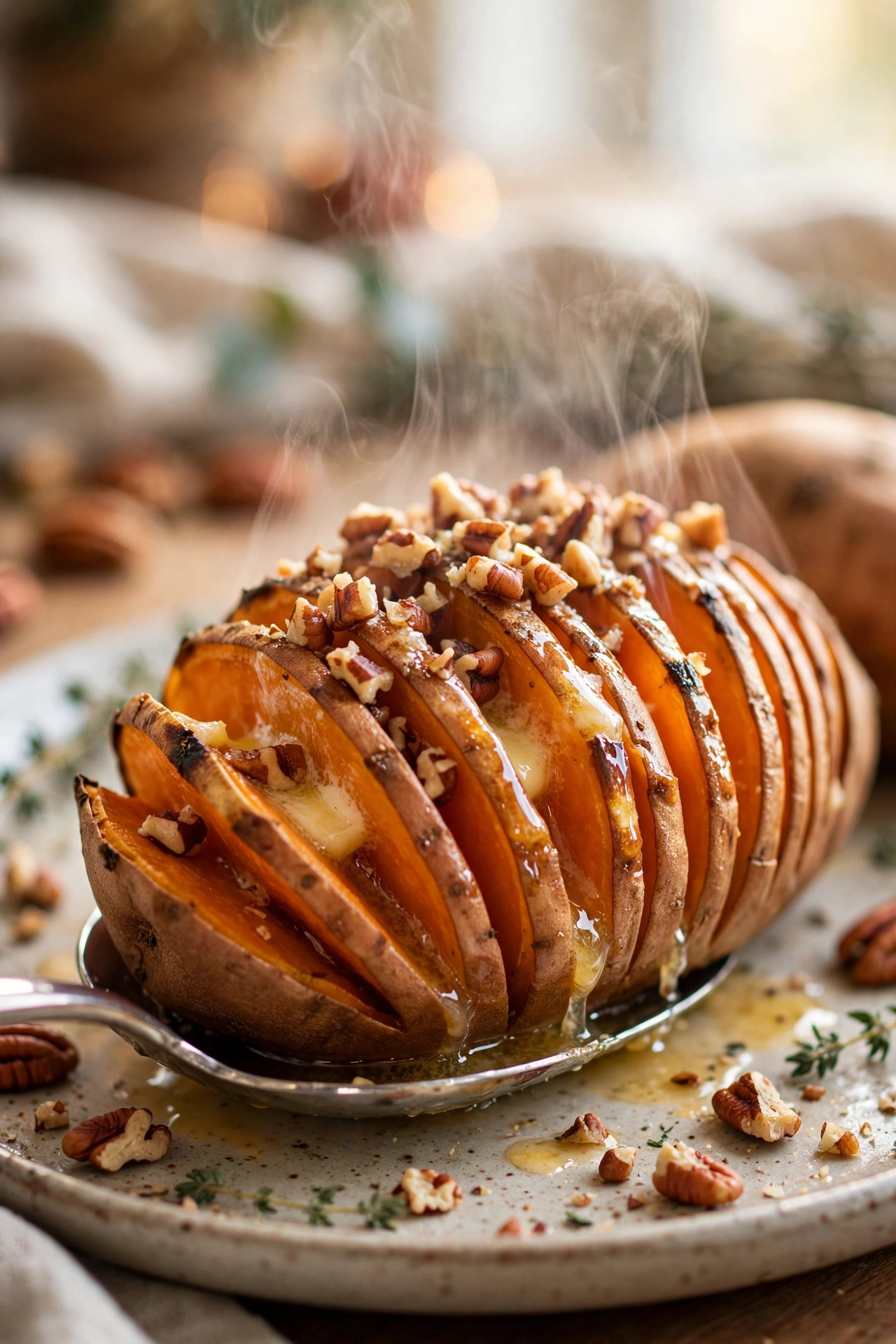 Close view of a hasselback sweet potato being served, its fanned slices opening with melted maple butter glistening between them