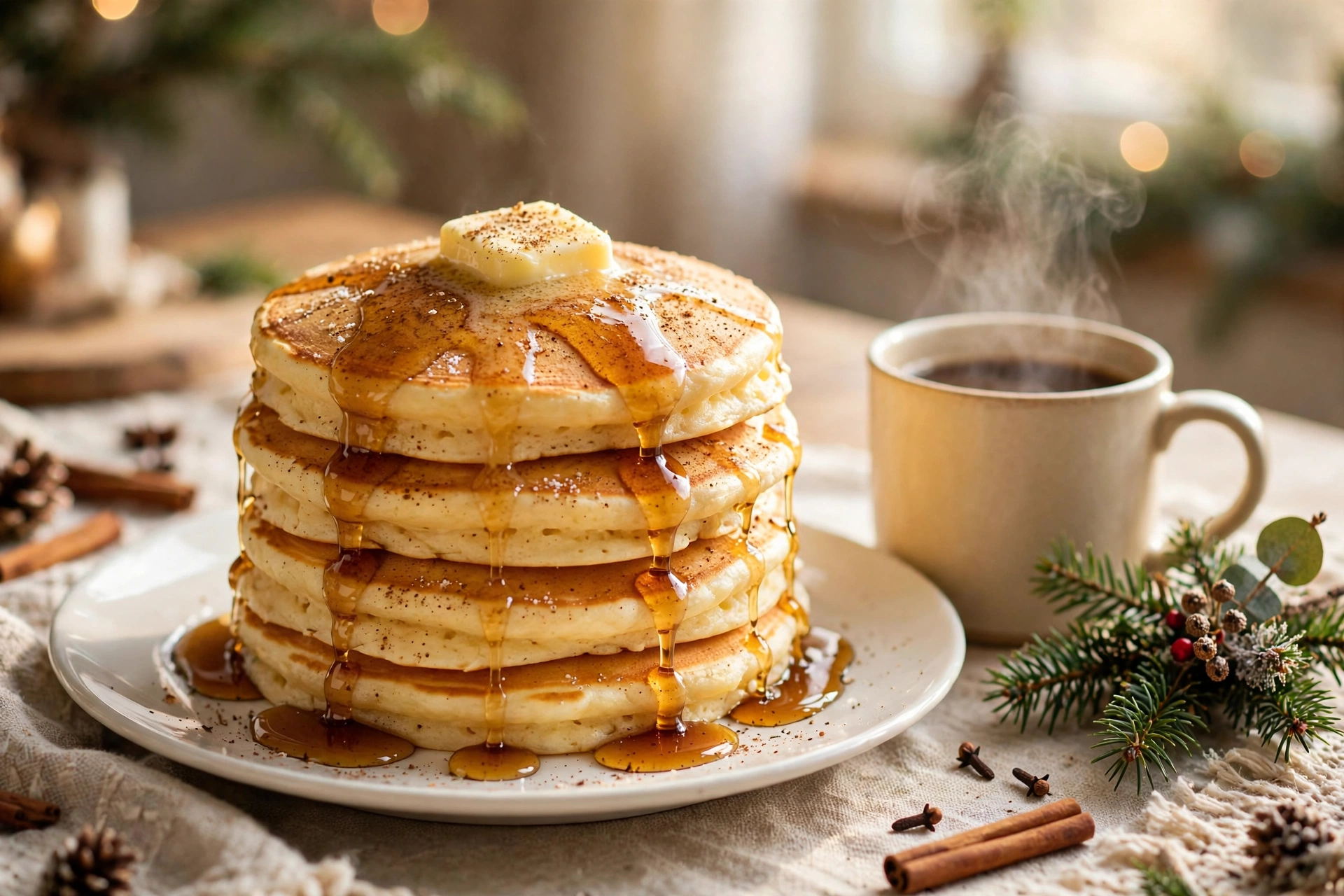 Tall stack of eggnog pancakes with melting butter and maple syrup running down, a cup of coffee and Christmas greenery beside