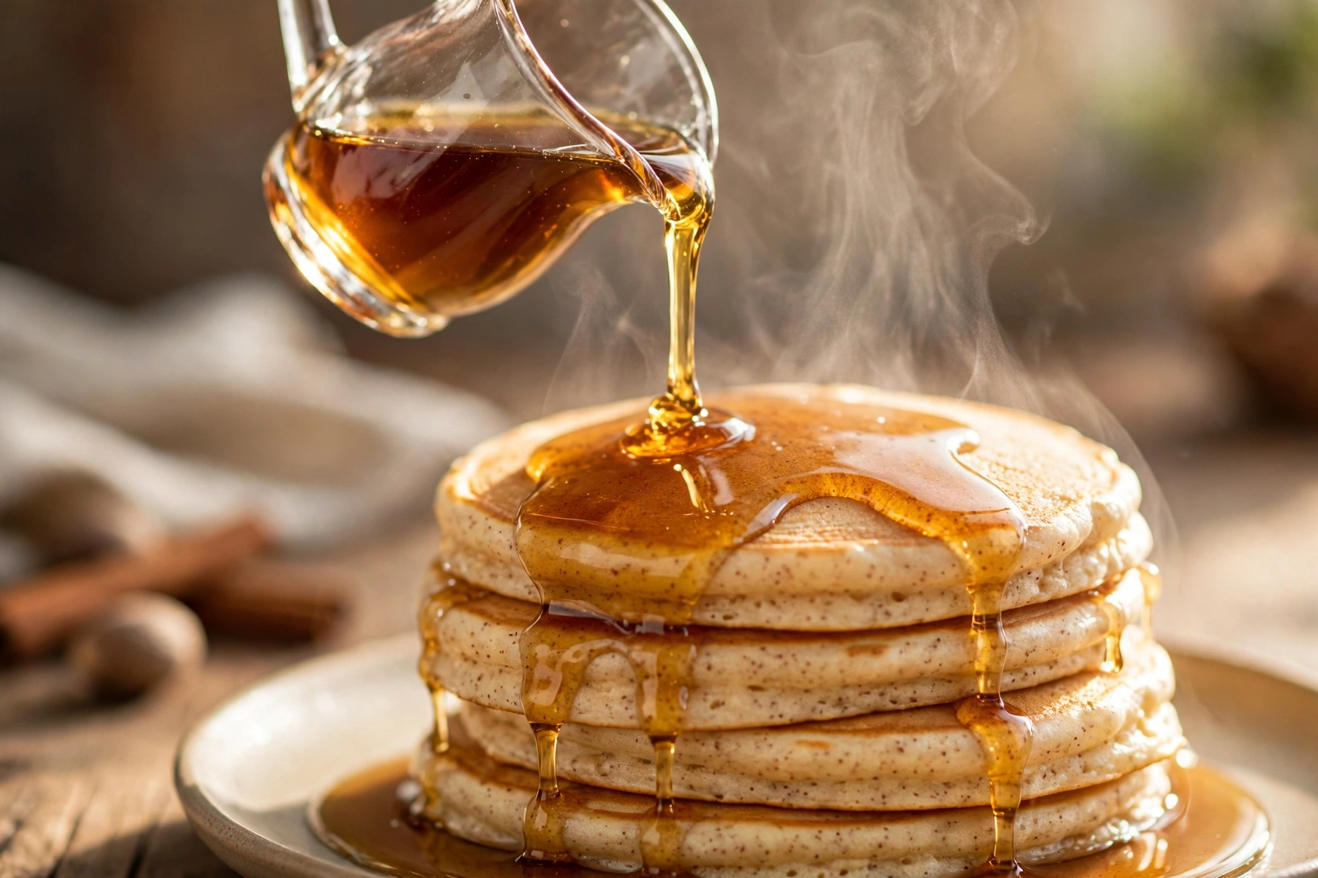 Maple syrup pouring from a glass pitcher over a steaming stack of eggnog pancakes