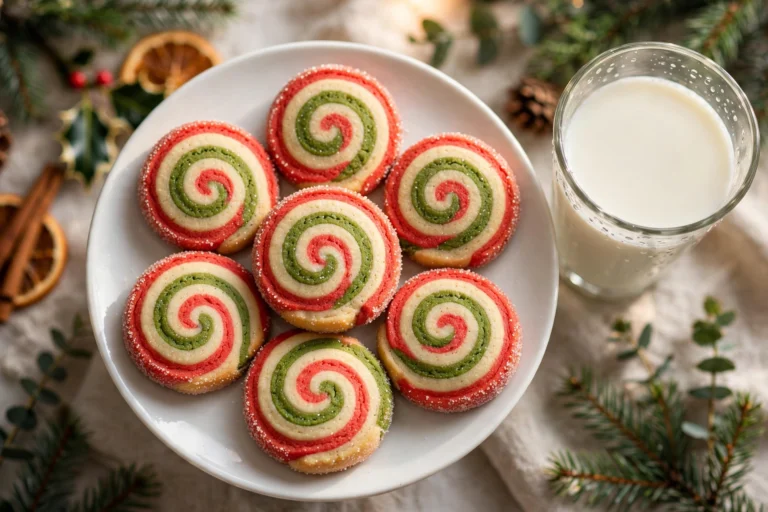 Overhead view of christmas pinwheel cookies with red, green and vanilla swirls arranged on a white plate, sanding sugar sparkling on the edges, beside a glass of milk