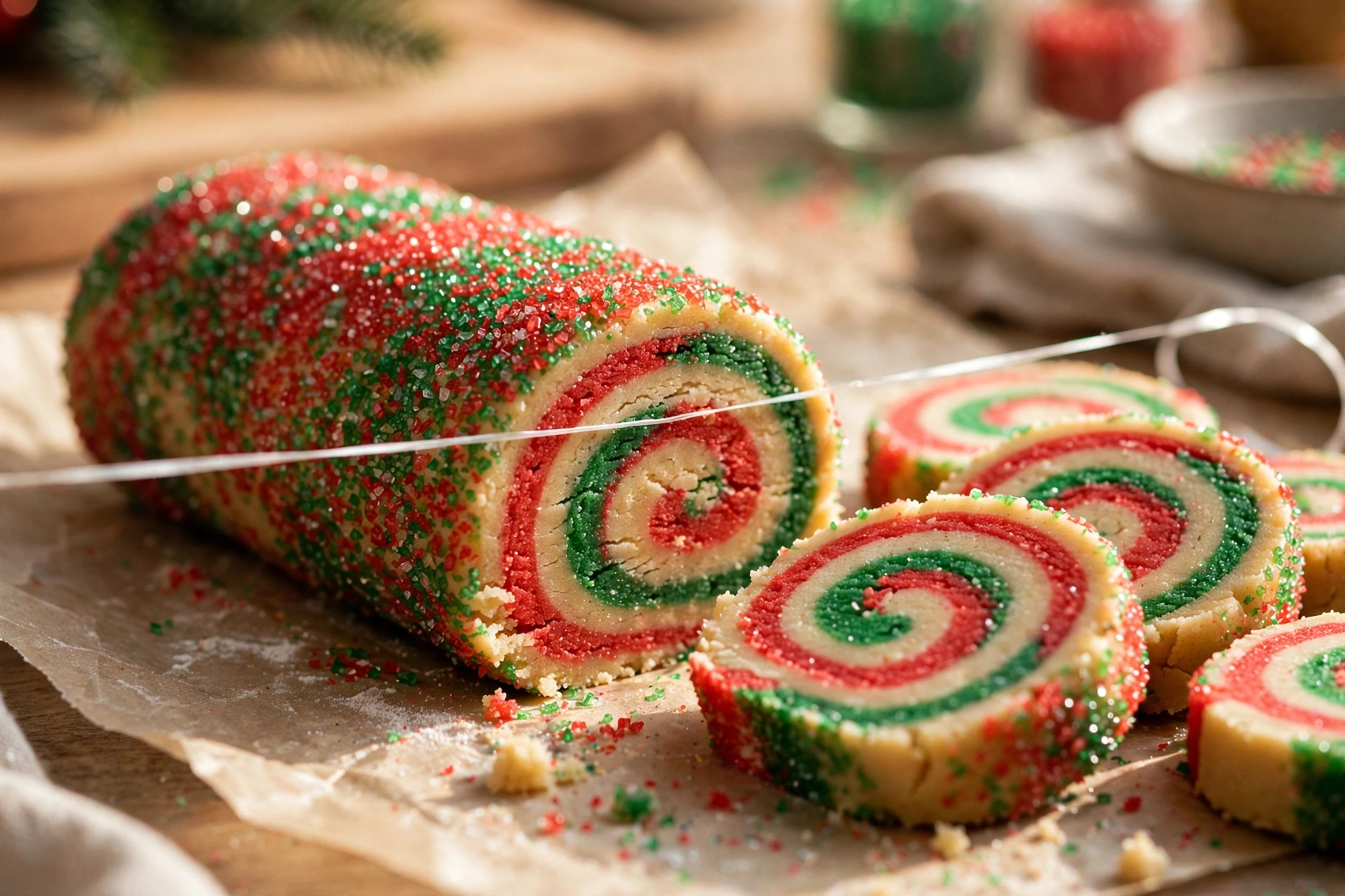 Close-up of a chilled pinwheel cookie log being sliced with dental floss, rounds with sharp red and green spirals falling onto parchment