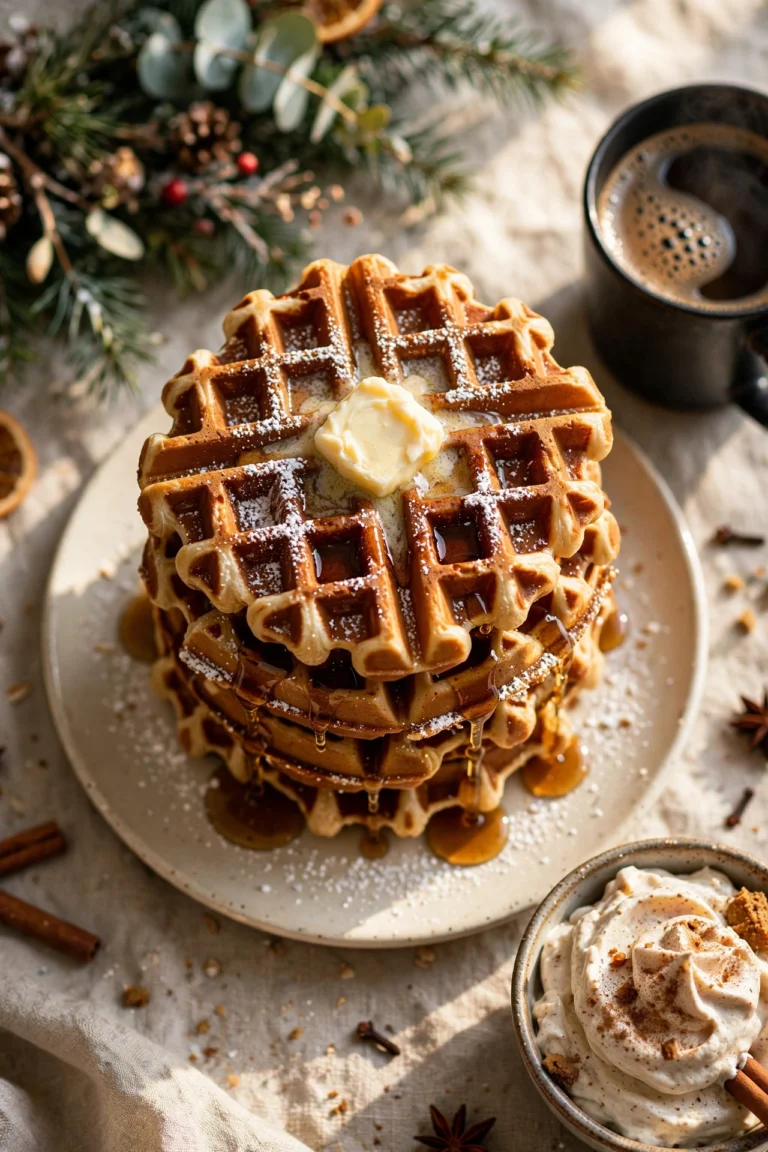 A stack of gingerbread waffles dusted with powdered sugar, maple butter melting on top, with spiced whipped cream and coffee beside the plate