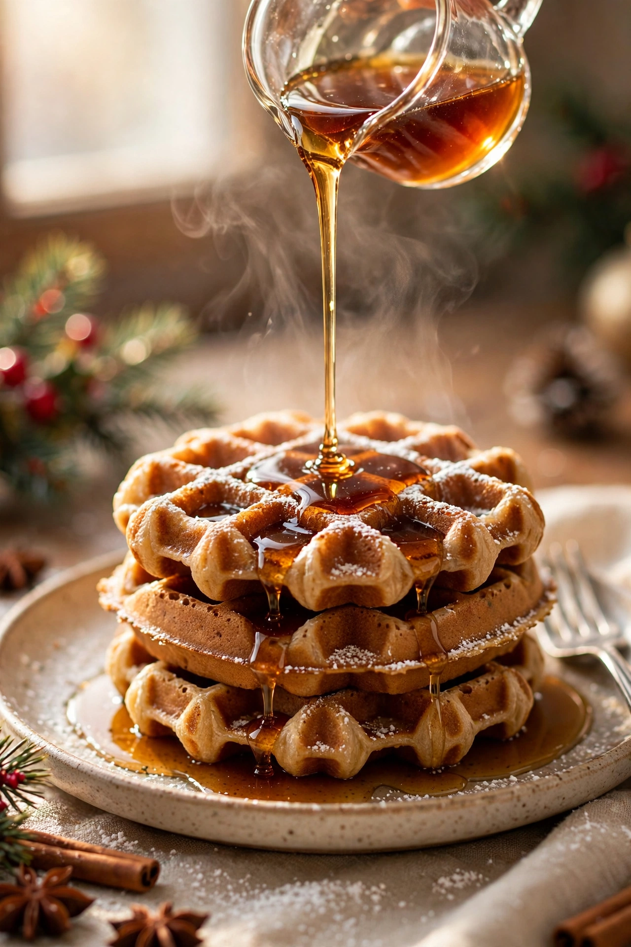 Maple syrup being poured over a stack of crisp gingerbread waffles, pooling in the waffle squares