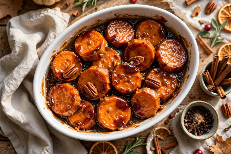 Oval dish of candied yams, sweet potato rounds in a glossy brown sugar glaze with pecans, cinnamon sticks and warm spices around
