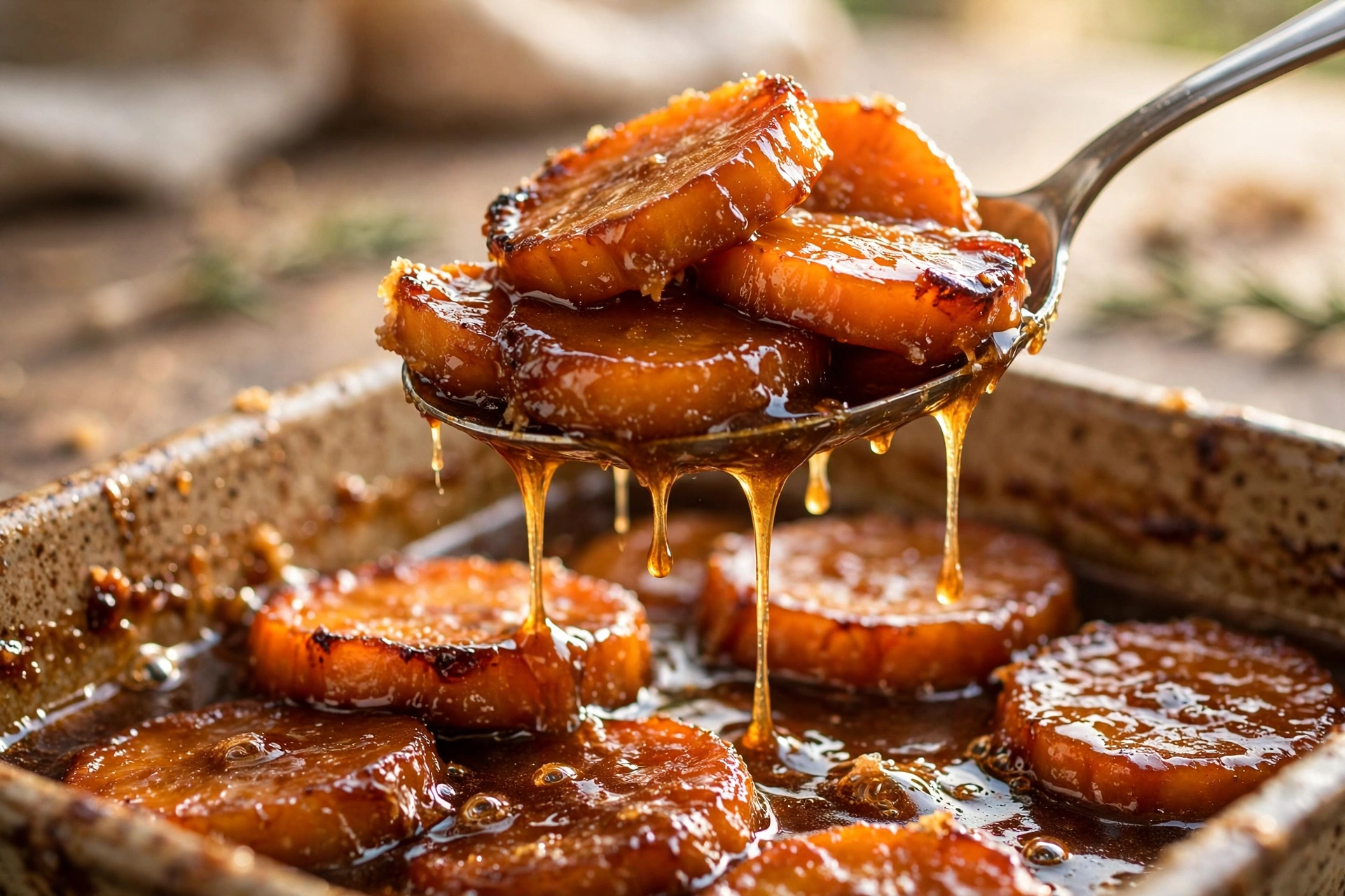 Serving spoon lifting glazed candied yam rounds from the dish with thick brown sugar syrup dripping back