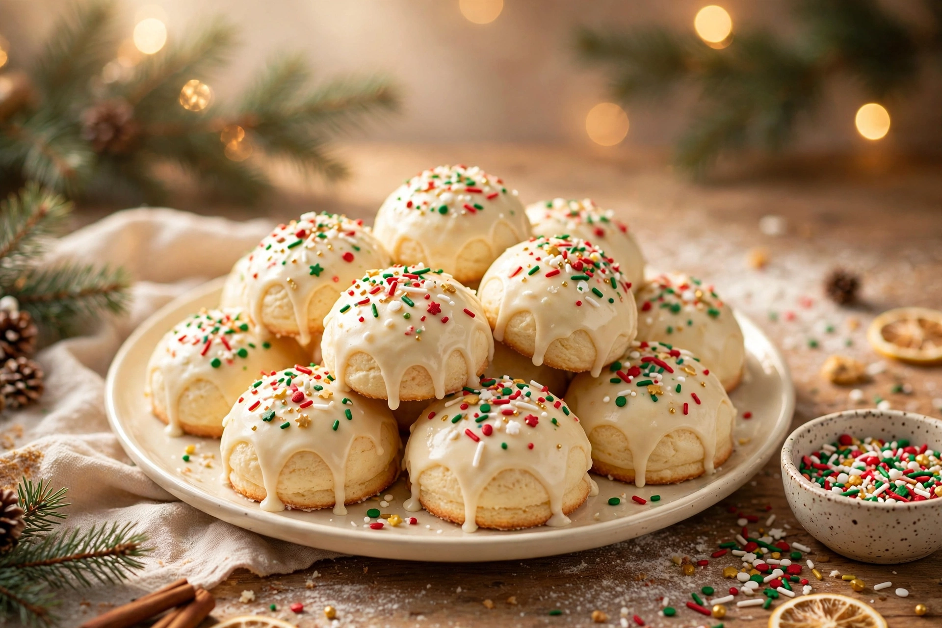 A platter of Italian ricotta cookies with lemon glaze and festive sprinkles
