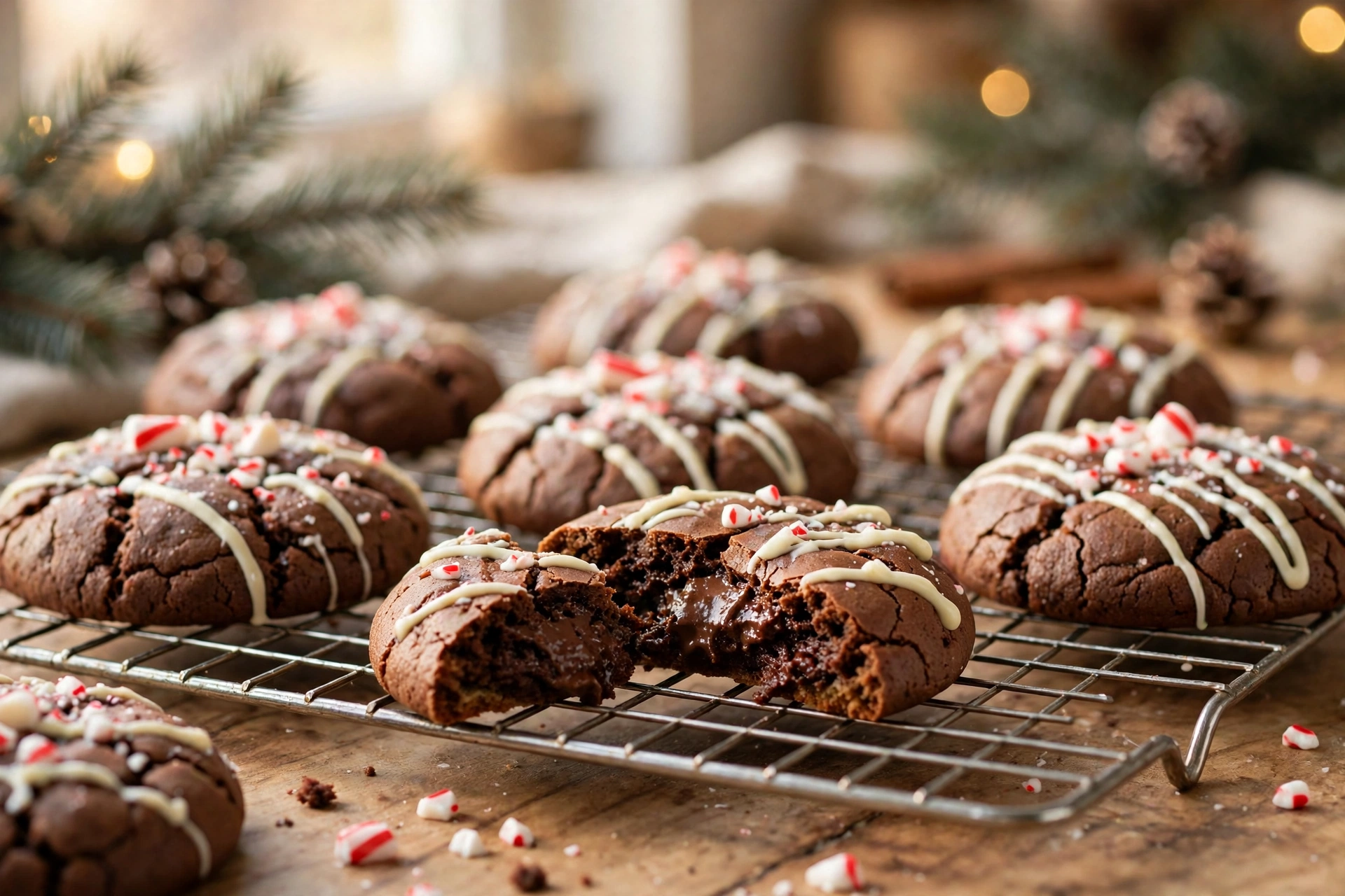 Peppermint mocha cookie broken open on a cooling rack showing a fudgy center, white chocolate drizzle and crushed candy cane