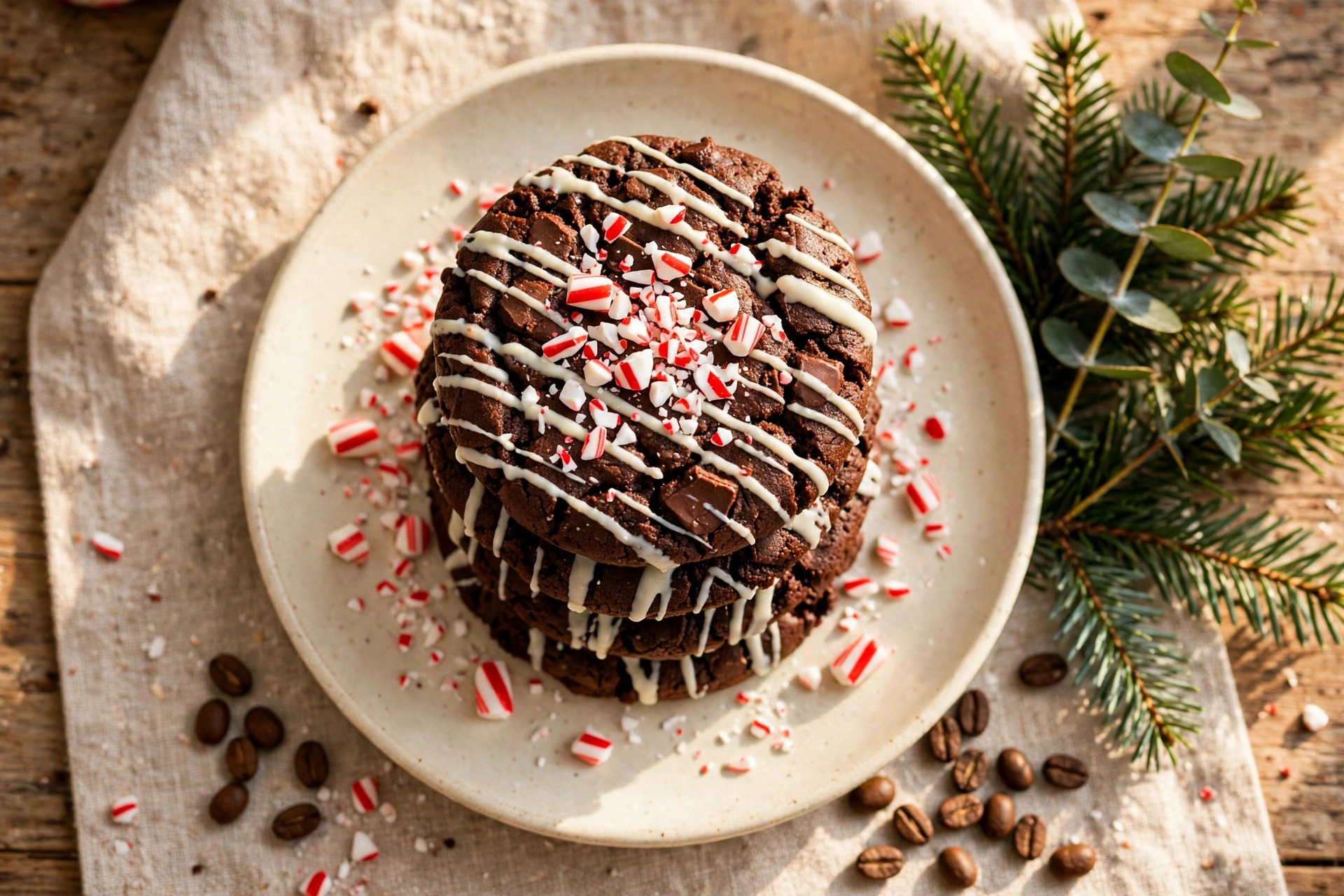 Stack of peppermint mocha cookies with white chocolate stripes and crushed candy cane on a cream plate, espresso beans and pine greenery beside
