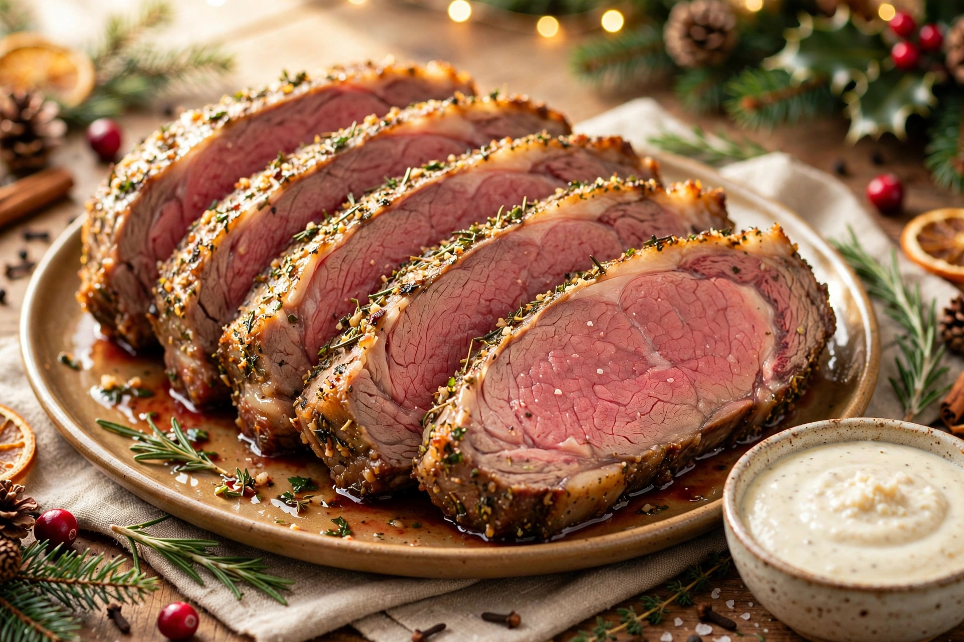 Thick slices of prime rib with pink medium rare centers fanned on a platter beside horseradish cream