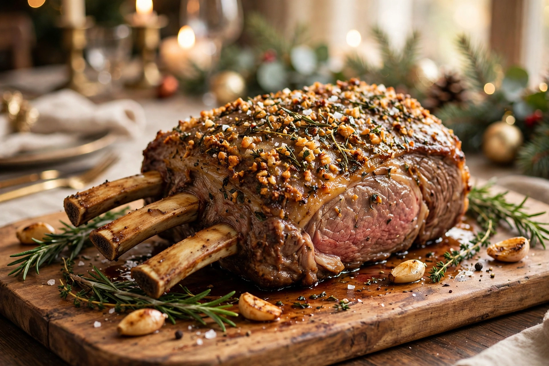 Roasted prime rib with a golden garlic herb crust resting on a wooden carving board with rosemary