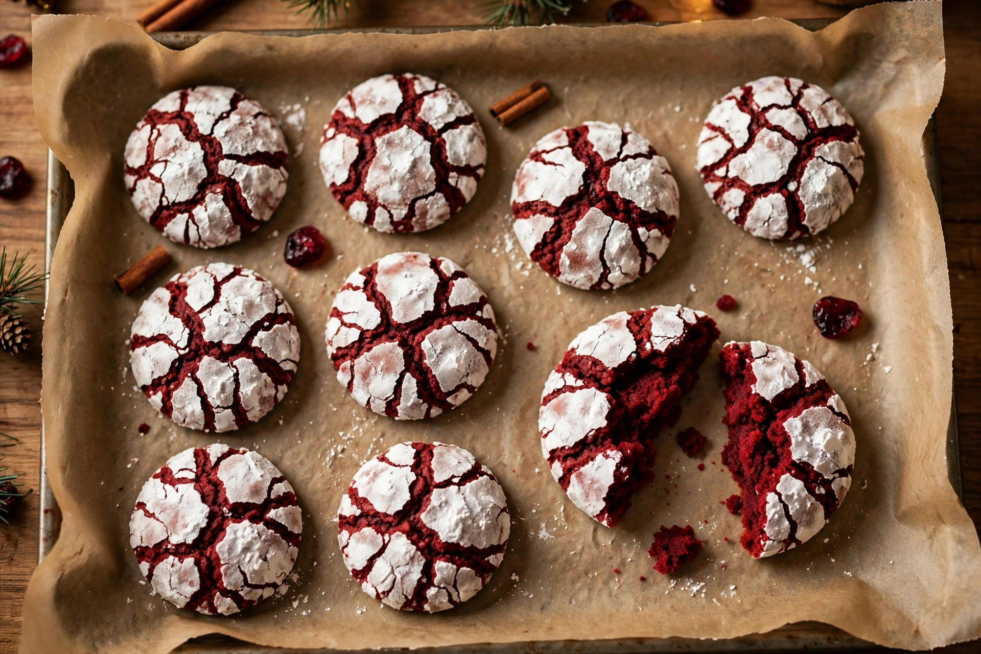 Red velvet crinkle cookies with bright white cracked powdered sugar coats on a parchment lined tray, one broken open to show the soft red center