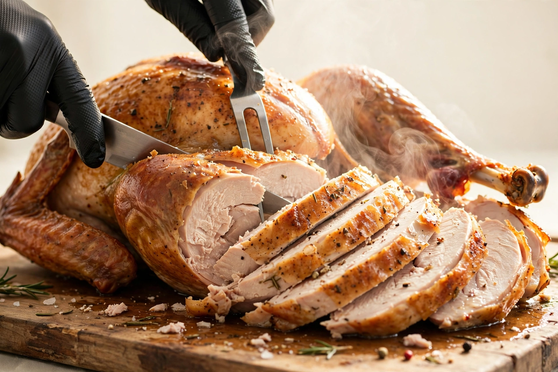 Carving the roast turkey into thick juicy slices on a wooden board, with steam rising from the breast meat