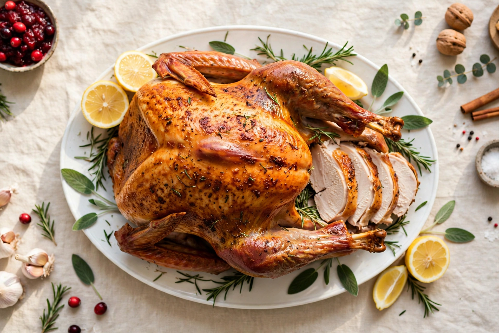 Classic roast turkey with herb butter, golden skinned and partly sliced on a white platter with lemon halves and fresh herbs