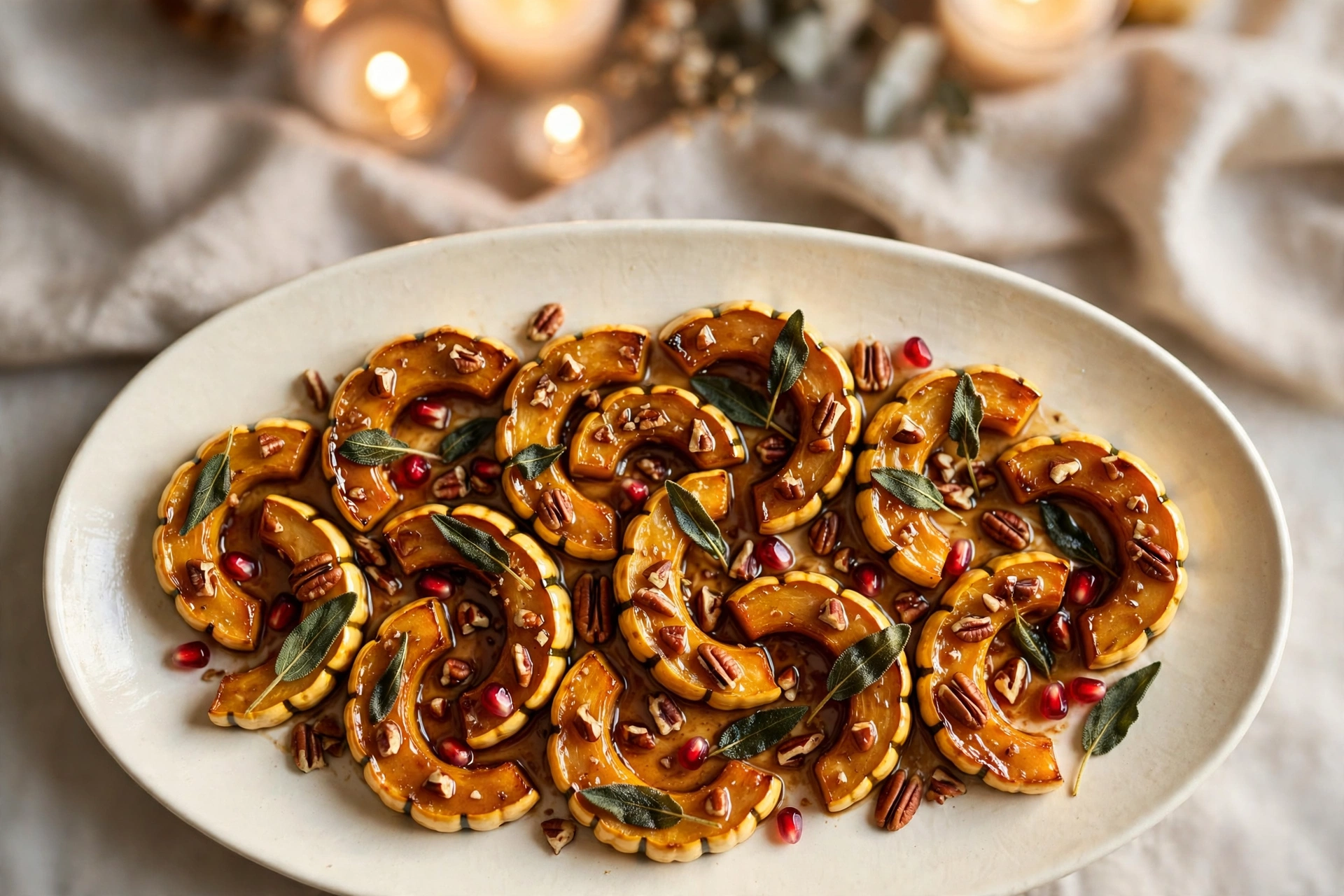 Roasted delicata squash half moons with brown butter, crispy sage, pecans and pomegranate served on a cream platter