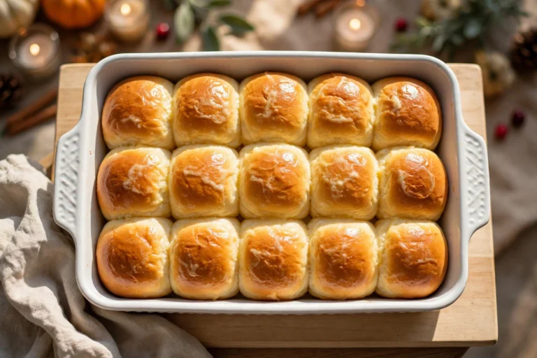 Soft dinner rolls brushed with butter in a white baking dish, fifteen golden rolls for Thanksgiving