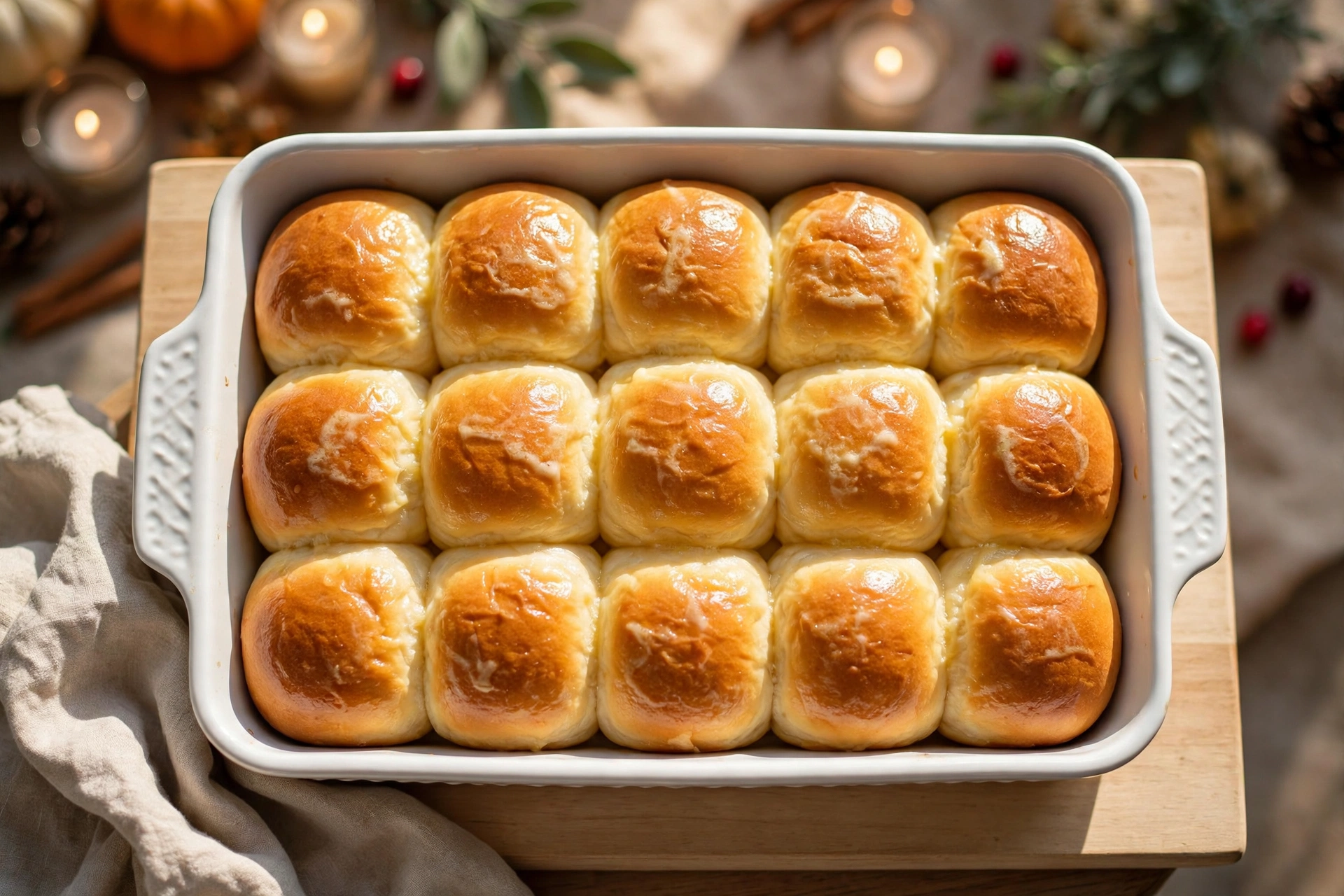 Soft dinner rolls brushed with butter in a white baking dish, fifteen golden rolls for Thanksgiving