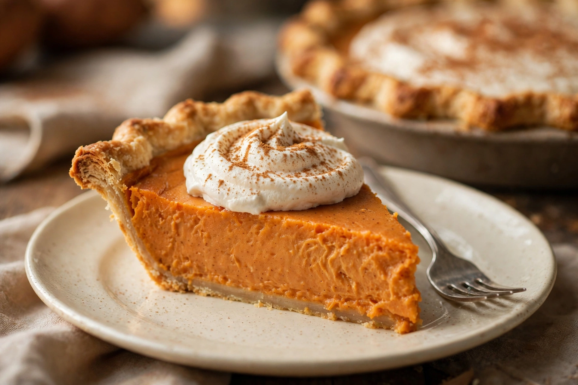 A slice of sweet potato pie on a cream plate topped with spiced whipped cream and a dusting of cinnamon