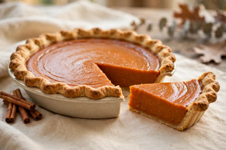 Southern sweet potato pie with a silky orange filling and golden fluted crust, one slice pulled out beside cinnamon sticks